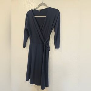 Lilla P Faux Wrap Navy Blue Dress 3/4 Sleeves Knee Length V Neck Women's Size XS